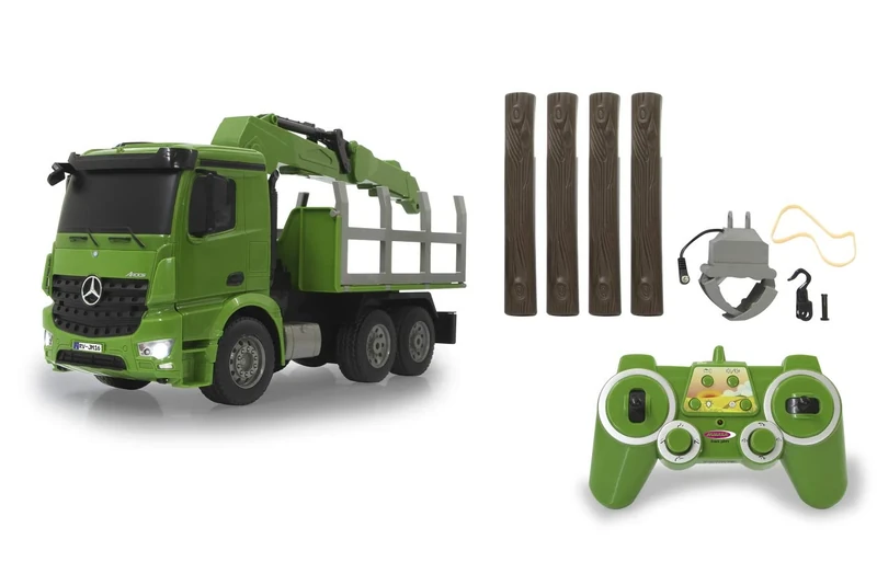 JAMARA 404935 Wood Transporter Mercedes-Benz Arocs 1:20 2.4 GHz - 4WD Crane and Gripper, Realistic Sounds Can Be Switched Off, Light, Indicator, Includes Wooden Trunks, Green