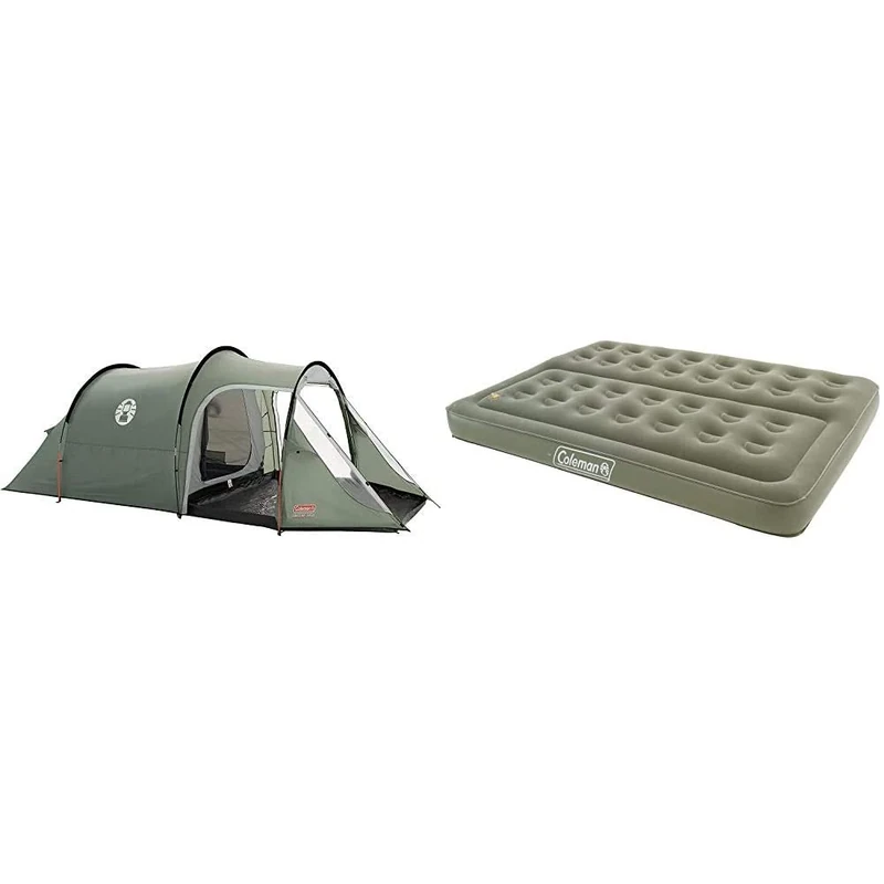Coleman Coastline 3 Plus 3 Man Tent - Green/Grey & Comfort Double Flocked Surface Inflatable Camp Air Bed - Green, 188 x 137 x 22 cm