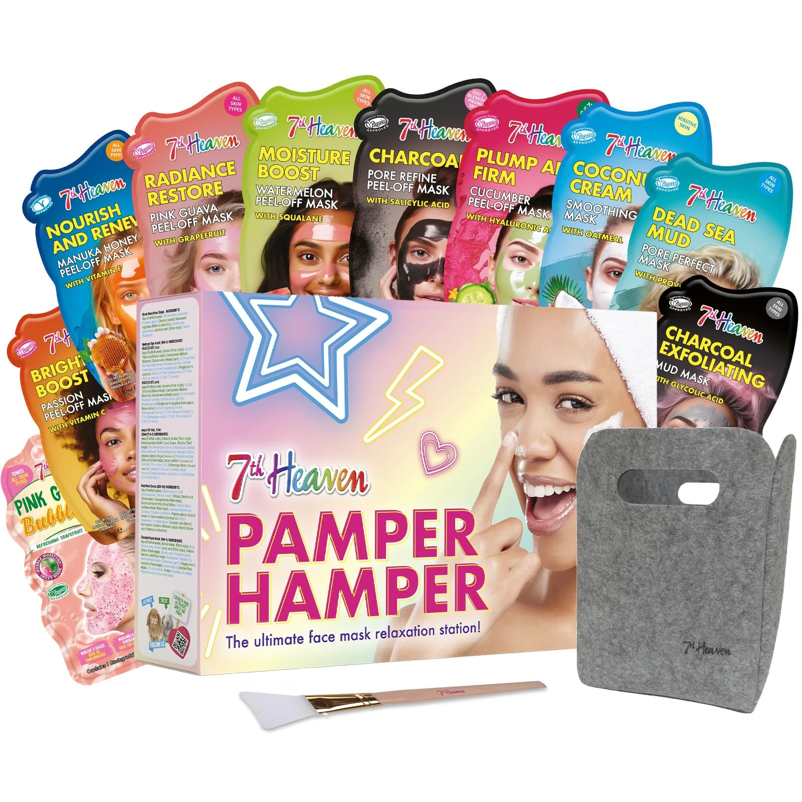 7th Heaven Luxury Pamper Hamper - 10 Face Masks & Spatula - Beauty Gift Set for Women - Skincare Set with Peel-Off, Clay & Hydrating Masks - Spa Experience at Home Skin Care