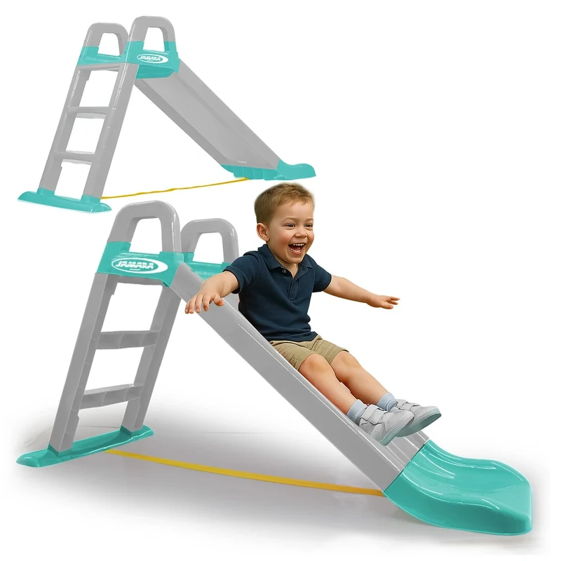 JAMARA Funny Slide 460549 Slide Made of Robust Plastic, Slide Spout for Gentle Landings, Wide Steps and Safety Handles, Stabilising Rope, Grey, Unico