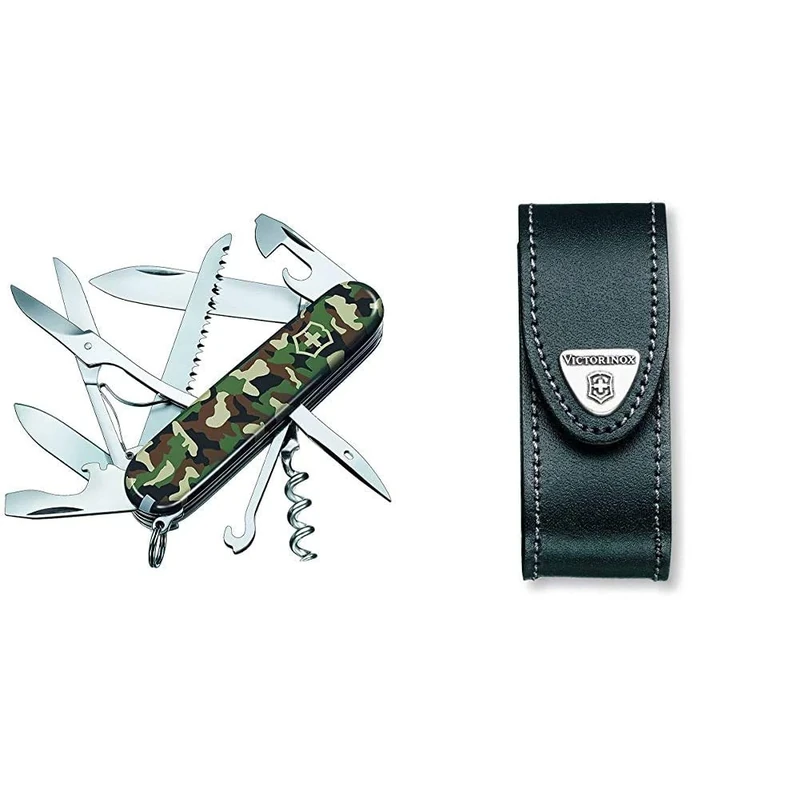 Victorinox Huntsman Swiss Army Pocket Knife, Medium, Multi Tool, 15 Functions, Large Blade, Bottle Opener, Camouflage & Leather Pouch for Swiss Army Pocket Knives, 3cm x 10cm, Black