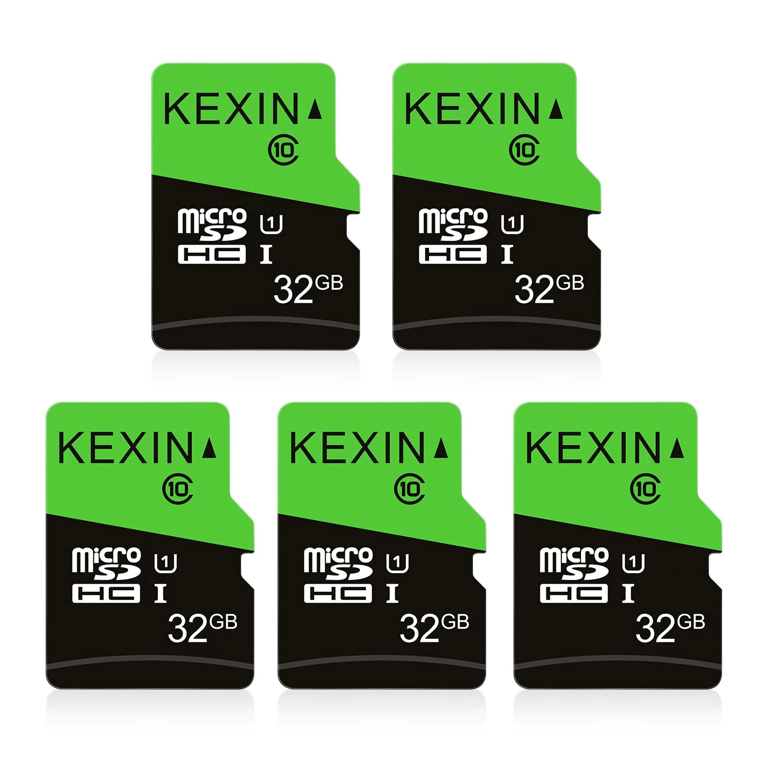 KEXIN 32GB Micro SD Card 5 PCs MicroSDHC Card UHS-1 Up to 80MB/s Read Class 10 C10 U1 Micro SD Memory Card TF Card for Camera, Smartphones, Security System, Drone, Dash Cam, Tablet (Black Green)