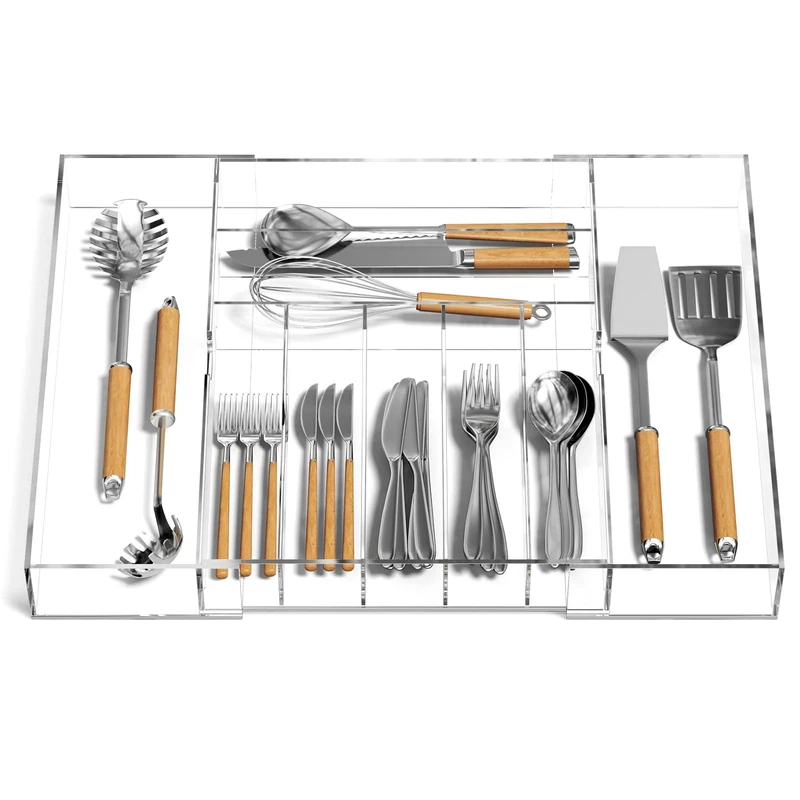 NIUBEE Acrylic Kitchen Drawer Organizer for Flatware and Utensils, Expandable Silverware Organizer and Cutlery Tray for Kitchen, Office,Bathroom Supplies, Clear 21"