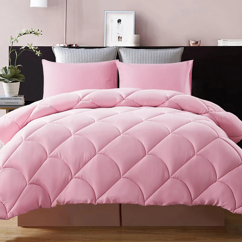 Decroom Lightweight Queen Comforter Set with 2 Pillow Sham - 3 Pieces Set - Quilted Down Alternative Comforter/Duvet Insert for All Season - Pink - Queen Size