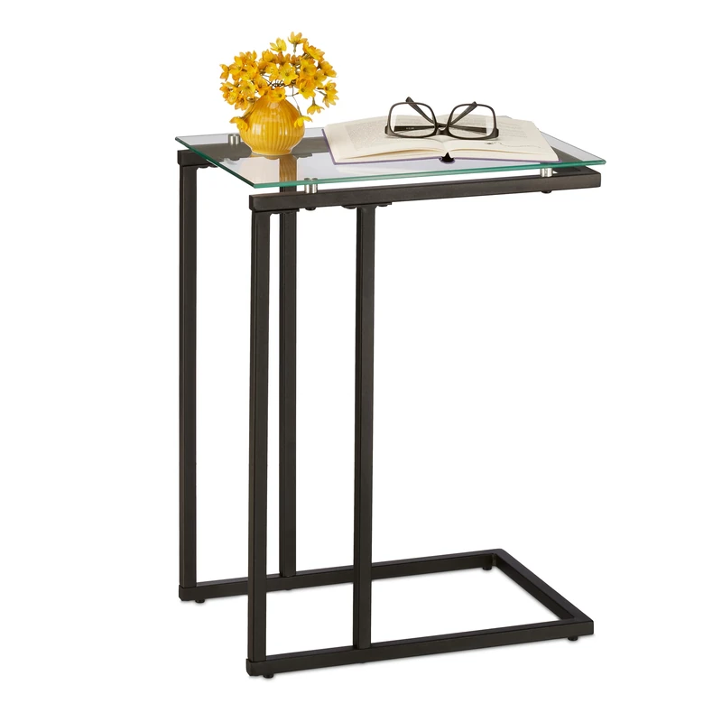 Relaxdays Side Table, C-shape, Modern Design, H x W x D: approx. 61 x 30 x 45 cm, Glass & Metal, Black