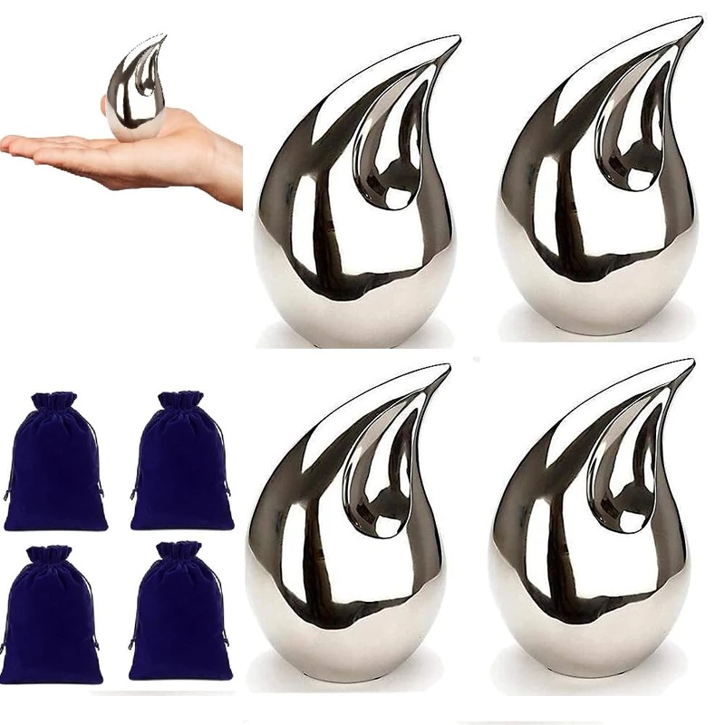 4 Pcs Unique Silver Teardrop Small Keepsake Cremation Urns for Human Ashes Adult for Both Male and Female, Mom Dad Son Women Men Mini Urns,Funeral Small Earns for Ashes with Velvet Bags 3 Inch Size - Image 1