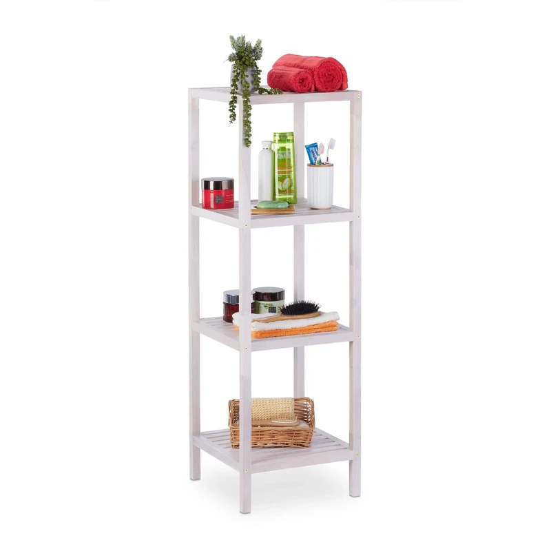 Relaxdays Bathroom Shelf Walnut, with Storage, Open, Quadratic, 4 Tiers, Toilet Cabinet Wood, 112 x 36 x 36 cm, White