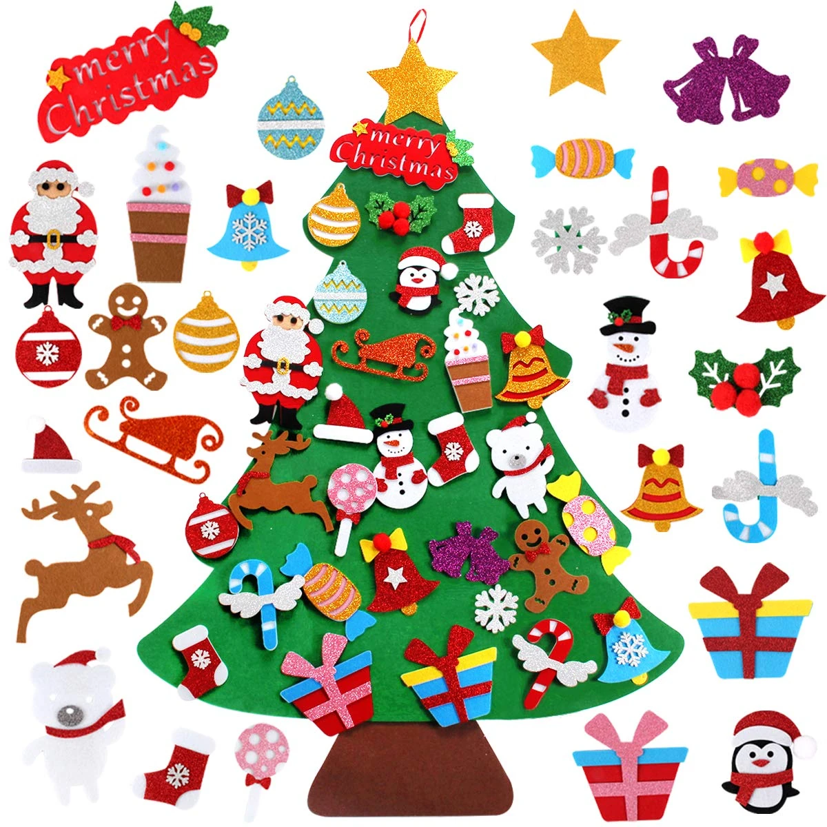 DIY Felt Christmas Tree Decorations – 3.3ft Non-Woven Xmas Tree Set with 28Pcs Detachable Xmas Ornaments Wall Decor Gifts for Kids New Year Home Door Window Christmas Decoration