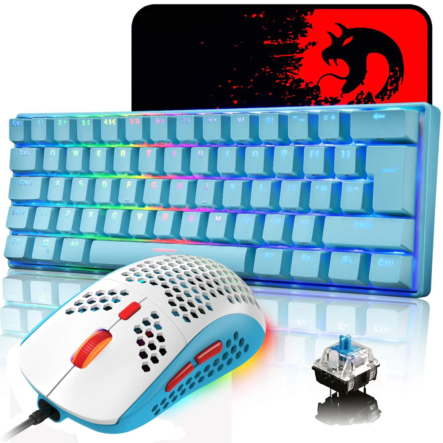 UK Layout 60% Mechanical Keyboard 62 Keys Blue Switch Wired USB C 14 Chroma RGB Backlit Gaming Keyboard + 6400DPI Ultra-Light Honeycomb Mouse + Large Mouse Pad, Compatible With PS4,Xbox,PC - Blue