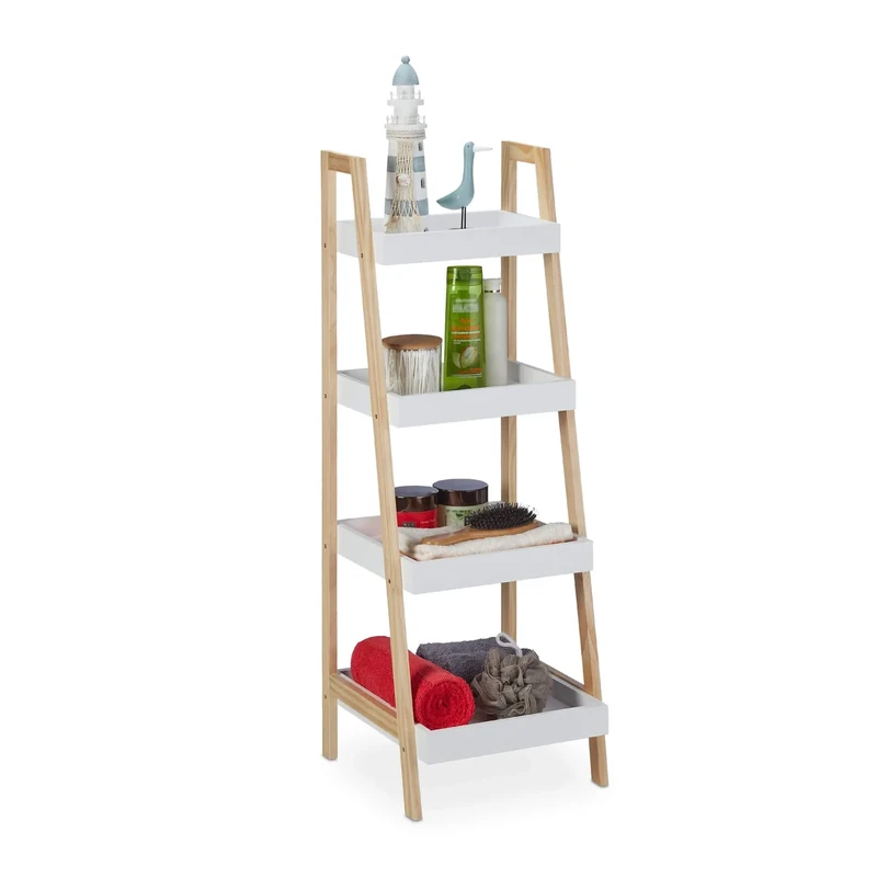 Relaxdays Bamboo Bathroom Caddy, 4 Shelves, Scandinavian Look, Free-Standing, HWD: 98.5 x 34.5 x 36 cm, White/Natural