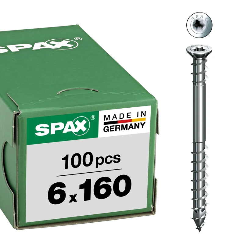 SPAX Adjusting screw, 6 x 160mm, 100 pcs., flat head, T-STAR plus T30, retaining grooves, 4CUT, WIROX - 0161010601605