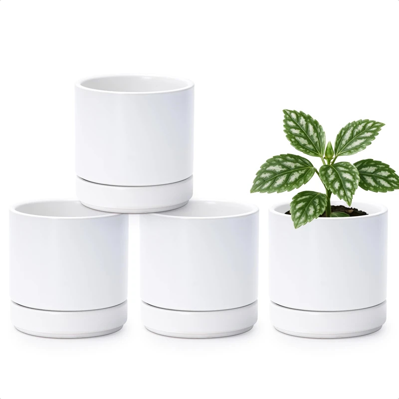 Set of 4 Small Succulent Plant Pots, 4.3 Inch Ceramic Planter Pot for Plants with Drainage Hole and Saucer, White, 94-F-XS-1 - Image 1