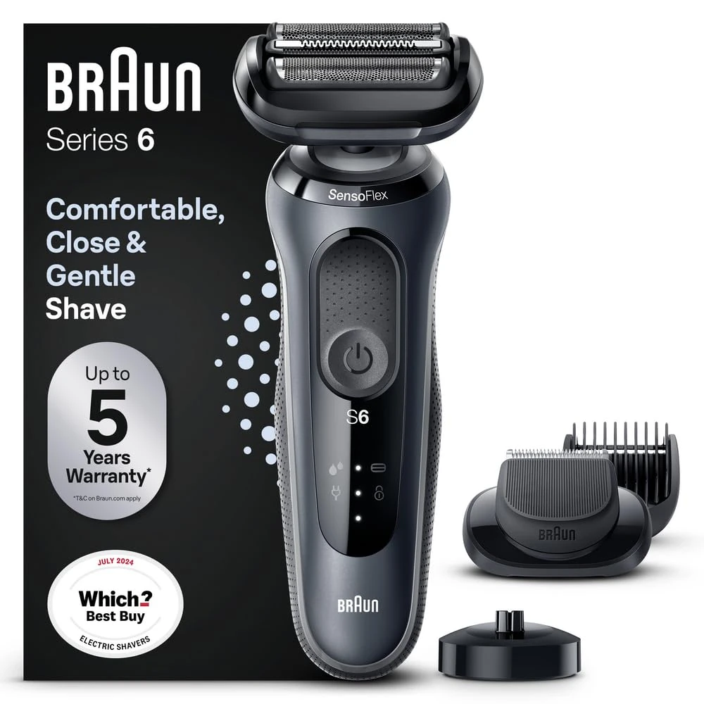 Braun Electric Shaver Series 6, Wet & Dry Electric Shaver For Men With EasyClick Beard Trimmer Attachment, Charging Stand, SensoFlex, Rechargeable, Cordless Foil Razor, 60-N4500cs Grey