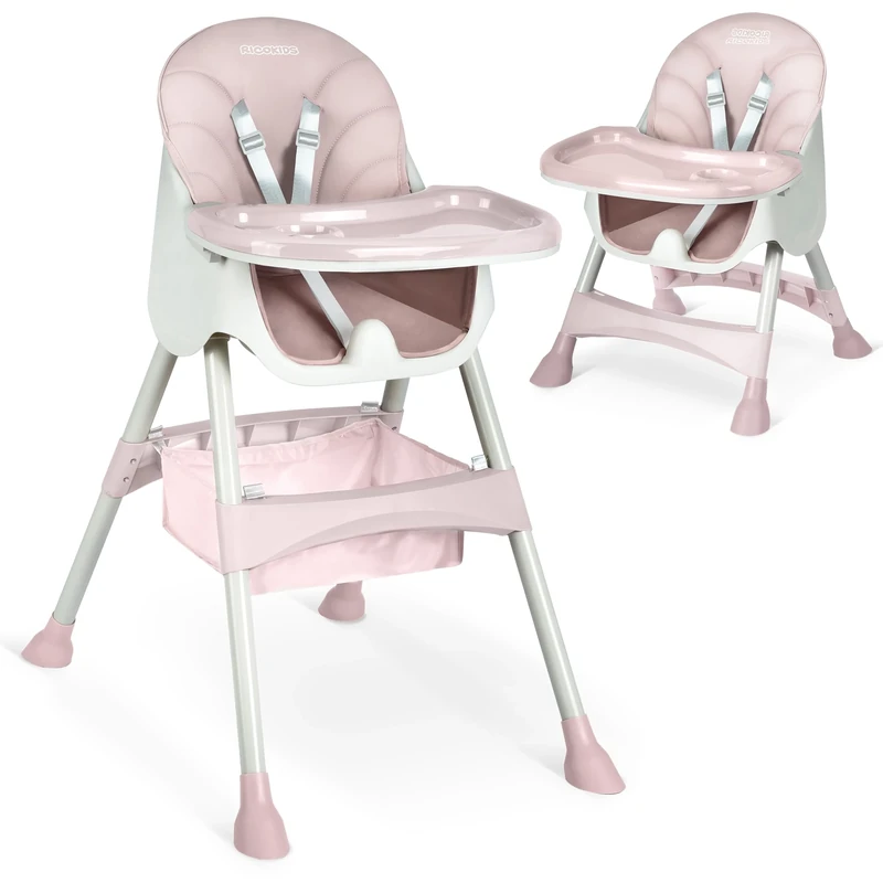 Ricokids High Chair Baby 3-in-1 Children's High Chair from 6 Months Dining Chair with Safety Belt Foldable Easy Care Height Adjustable Frame Grows with Your Child Removable Dining Board Basket Pink