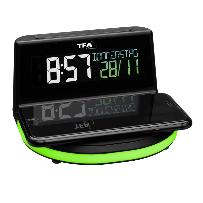 TFA Dostmann Charge-IT Wireless Digital Alarm Clock, 60.2028.01, with Wireless Charging Station (Qi) for Smartphones, with Date and Room Temperature, with Colour Display, Alarm with Snooze Function,