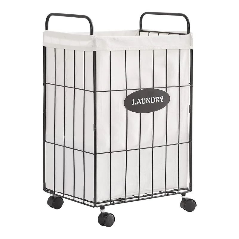 Mxfurhawa Iron Wire Laundry Hamper With Rolling Lockable Wheels, Folding Laundry Storage Basket with Handles,Liner, Collapsible Dirty Laundry Hamper Cart Sorter Clothes Basket (White with wheels)