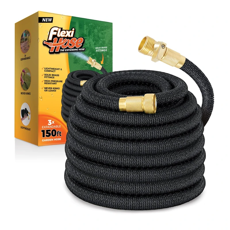 Flexi Hose Lightweight Expandable Garden Hose, No-Kink Flexibility, 3/4 Inch Solid Brass Fittings and Double Latex Core (150 FT, Black)