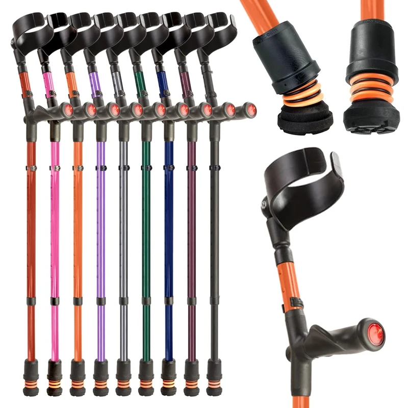 Flexyfoot Shock Absorbing Comfy Grip Double Adjustable Crutch - Improves Safety, Improves Grip, Reduces Shocks & Jarring – Left Handed - Orange