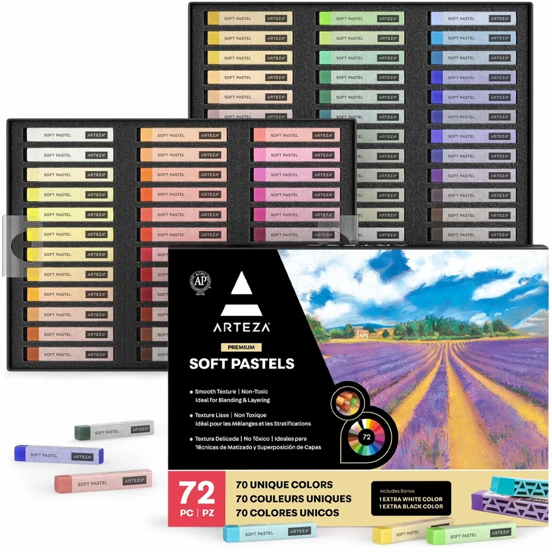 ARTEZA 72 Soft Pastels with 1 Extra White & Black Colours, Bright, Vibrant, & Neutral Tones, Chalk Pastels for Drawing, Blending, Layering, & Shading