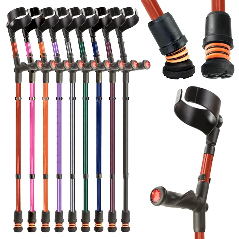 Flexyfoot Shock Absorbing Comfy Grip Double Adjustable Crutch - Improves Safety, Improves Grip, Reduces Shocks & Jarring – Right Handed - Red