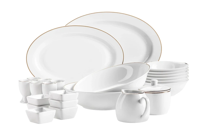 MÄSER 931735 Series Professional Dining Accessory Set of Cereal Bowls, Egg Cups, Bowls, Sugar Bowl, Milk Jug, Dip Bowls and Serving Platters, 24 Pieces, White with Gold Rim, Porcelain