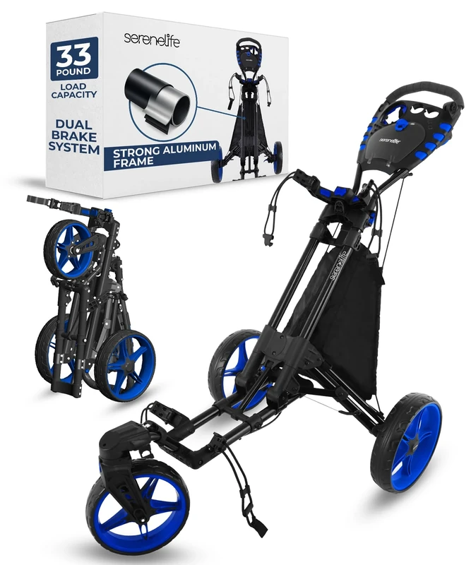SereneLife 3 Wheel Golf Push Cart - Lightweight Folding Walking Push Cart Roller Golf Bag Holder w/Foot/Handle Brake, Upper/Lower Bracket w/Elastic Strap, Scorecard/Cup/Bag Storage Holder SLGZ48 - Image 1