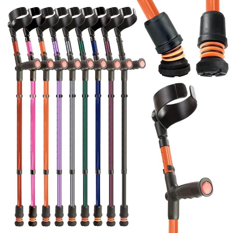 Flexyfoot Shock Absorbing Soft Grip Double Adjustable Crutch - Improves Safety, Improves Grip, Reduces Shocks & Jarring – Single - Orange