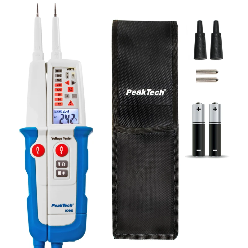 PeakTech P 1096 2-pole Voltage Tester, IP64, LCD Display, Continuity Tester, Polarity Indicator, Voltage Meter, 1000V, 2000 Counts, Blue