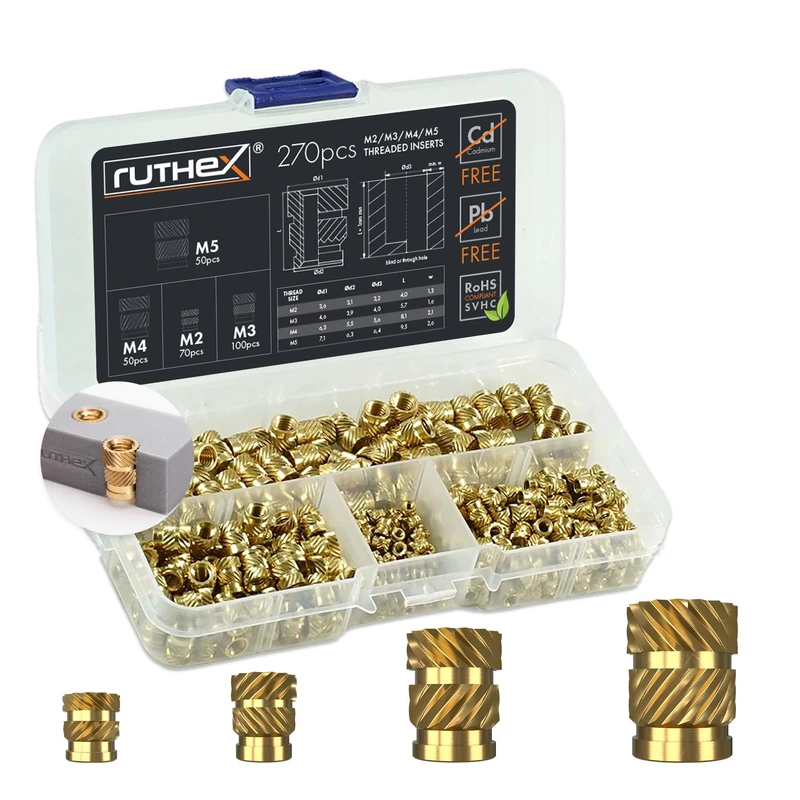 ruthex threaded M2/M3/M4/M5 assortment box (270 pieces) - brass threaded sockets - press-fit nut for plastic parts - by heat or ultrasound in 3D printer parts