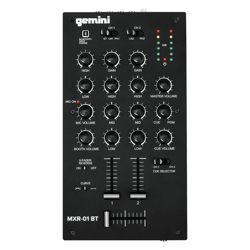 Gemini Sound MXR-01BT Professional Bluetooth 2-Channel DJ Mixer 3-Band EQ and Gain 2 Phono/Line Stereo Channels Crossfader Curve and Reverse Switches Microphone Input Headphone Output Master Outputs