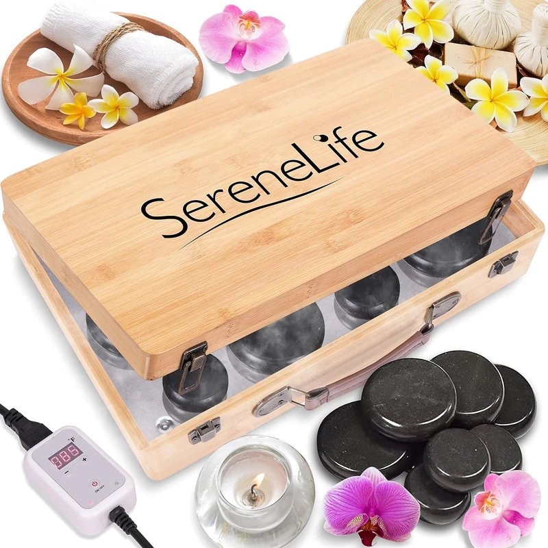 SereneLife Hot Stone Massage Set – 12-Piece Basalt Stone Kit with Digital Heater in Bamboo Case, Spa-Grade Massage Stones for Back & Neck Pain Relief, Professional Home Therapy Use