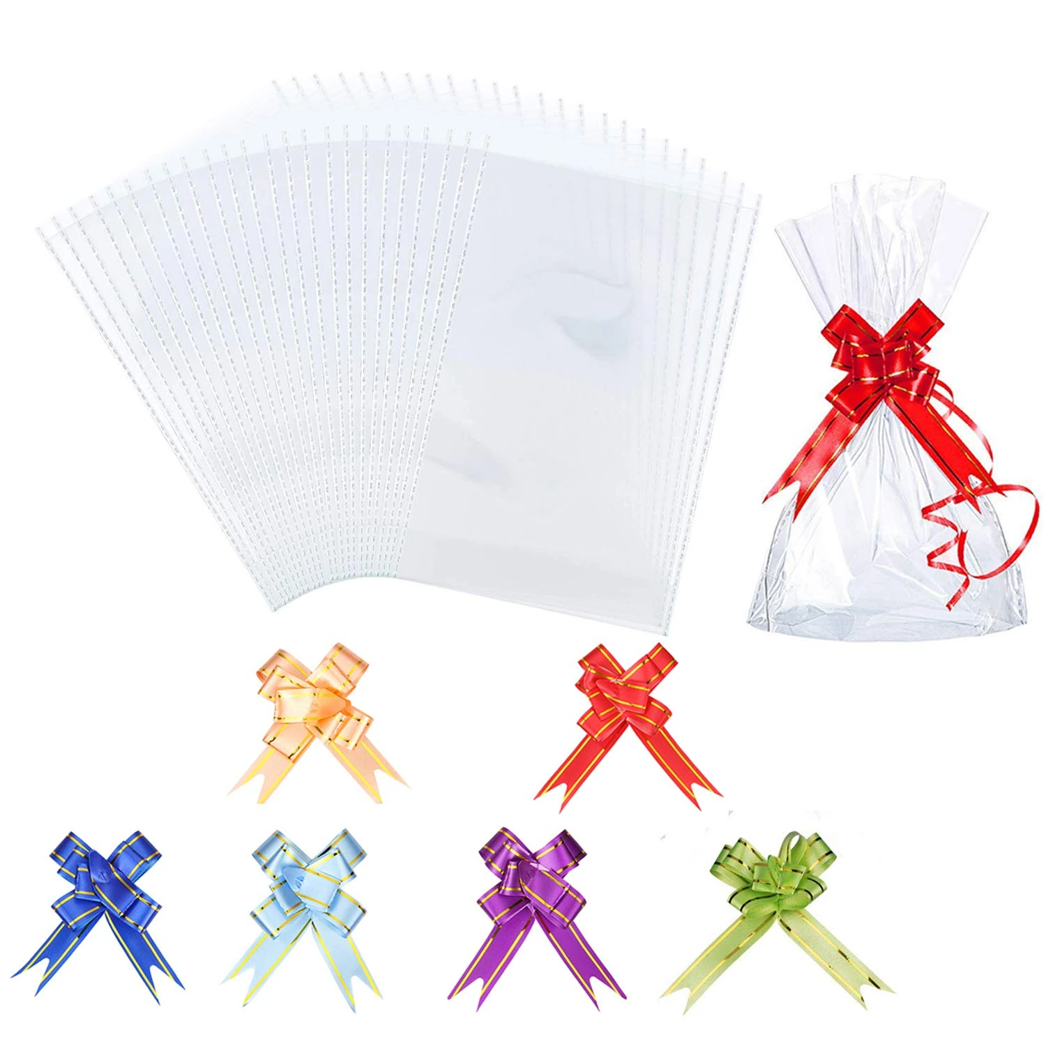 AUERVO 60PCS Clear Resealable Flat Cello Bags - OPP Plastic Cellophane Storage Bags for Sweet/Party/Gift/Home with Mix Colors Pull Bows