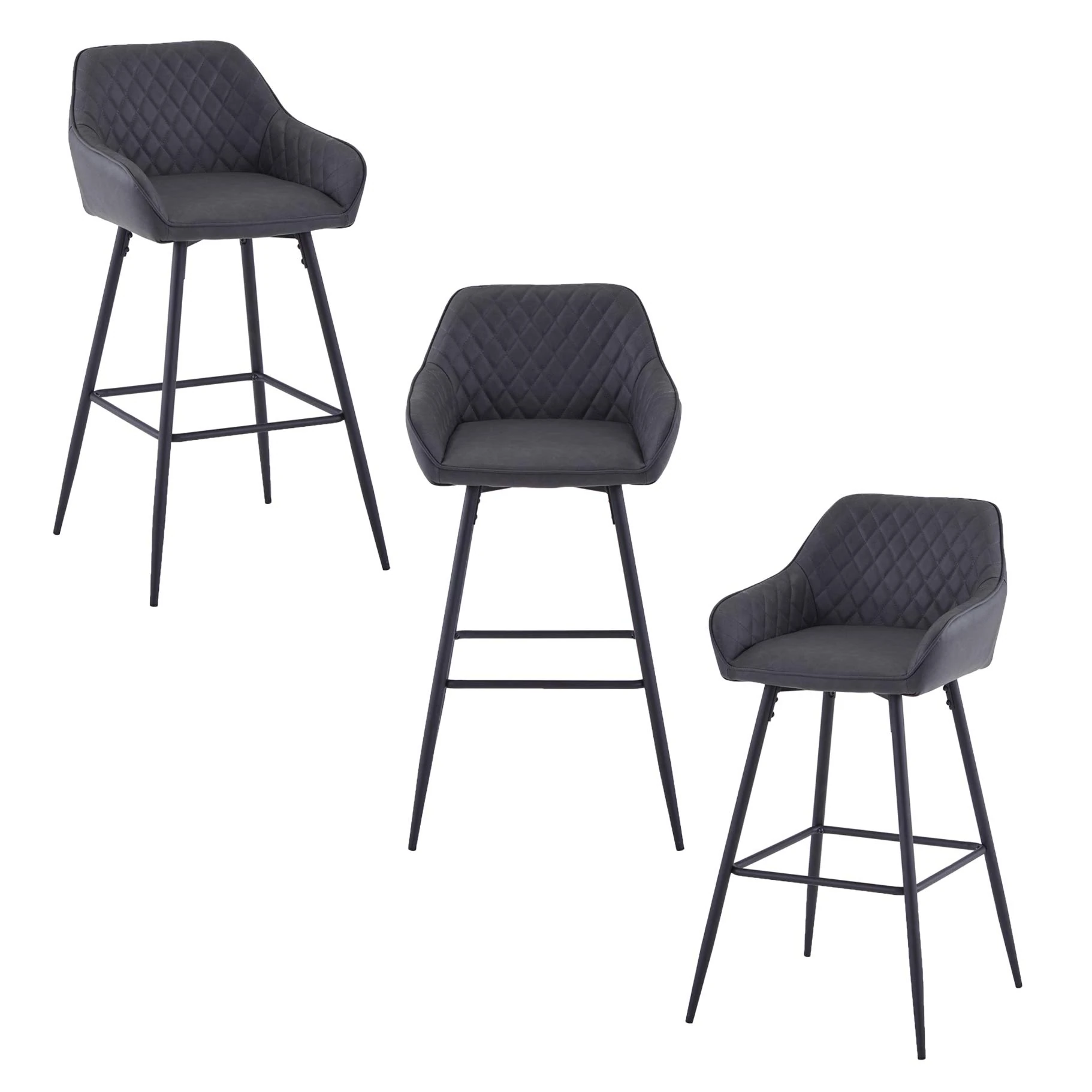 AINPECCA Set of 3 Bar stools Faux Leather Upholstered seat with Backrest & Armrest Black Metal Legs Kitchen Breakfast Counter Chairs (Dark grey PU, 3 pcs)