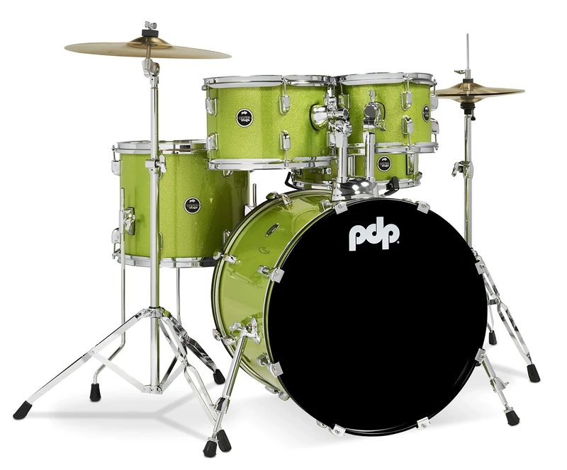 Pacific Drums Center Stage 5-Piece Drum Kit, 20" Bass Drum, Electric Green Sparkle inc. hardware, Cymbals & Throne, Finish Ply