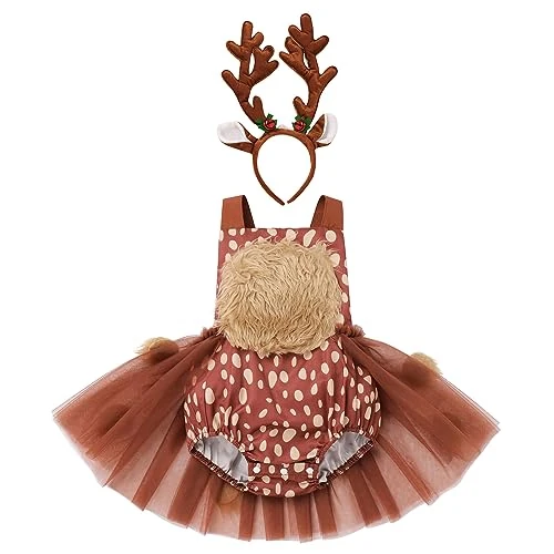 FYMNSI Baby Girl Reindeer Costume Bodysuit First Christmas Outfit Halter Backless Tutu Tulle Romper with Headband 2pcs Set Photo Props 0-24 Months