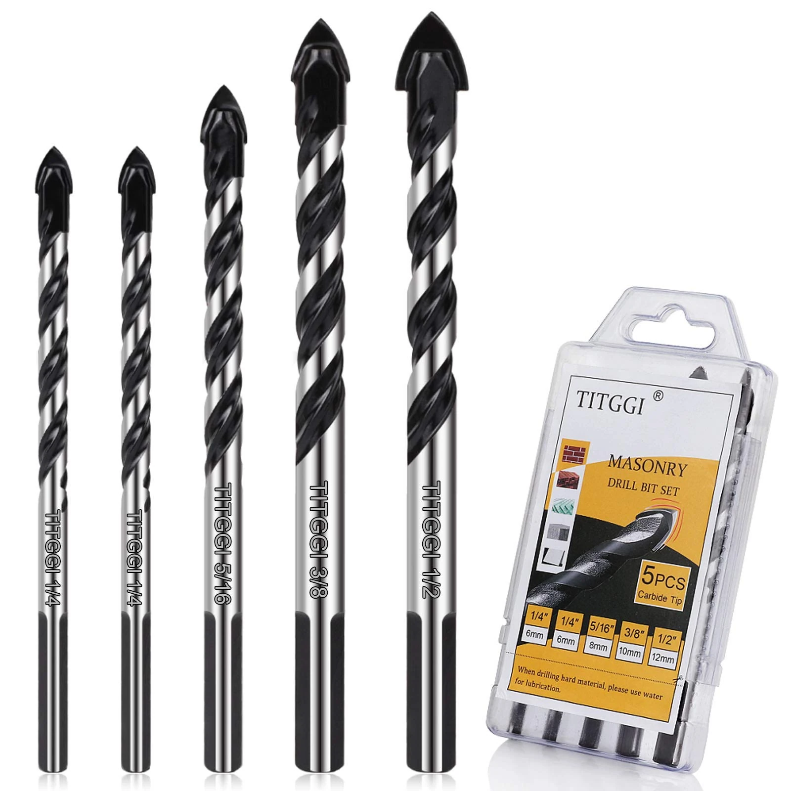 Professional Drill Bit Set (5PCS) for Brick/Plastic/Cement/Wood/Glass/Etc, Industrial Strength Tile/Concrete Drill Bits, 1/4"-1/2"