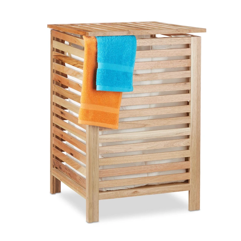 Relaxdays Washing Basket, with Lid, Laundry Hamper, Walnut Wood, 52L Volume, Storage, HxWxD: 65.5 x 45 x 45 cm, Natural