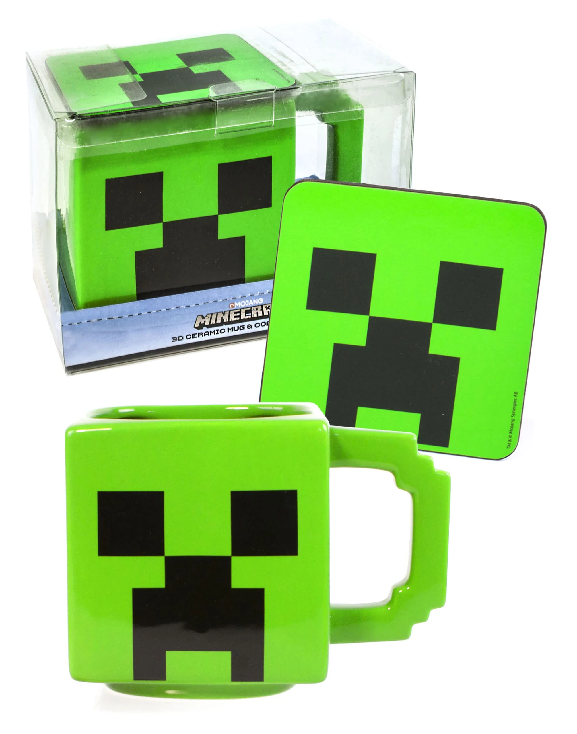 Minecraft Creeper Mug & Coaster Set for Adults & Kids Cup 550ML & Drink Holder Christmas Gamer Gift | Green & White Ceramic Boys, Girls, Men & Women