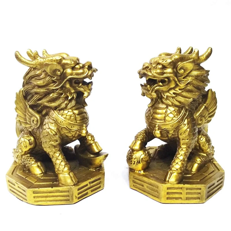 AMTOOCH Feng Shui Kylin Brass Statue Home Decoration a Pair qilin Sculpture Golden Wealth Chi Lin Living Room Office (4" L x 3.6" W x 5.2" H)