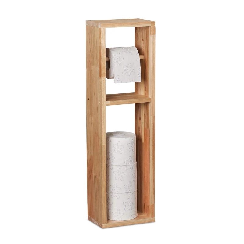 Relaxdays Toilet Roll Holder, Free-standing, Wooden, Storage, Bathroom Cabinet, Cupboard, HxWxD: 70x20x13 cm, Natural