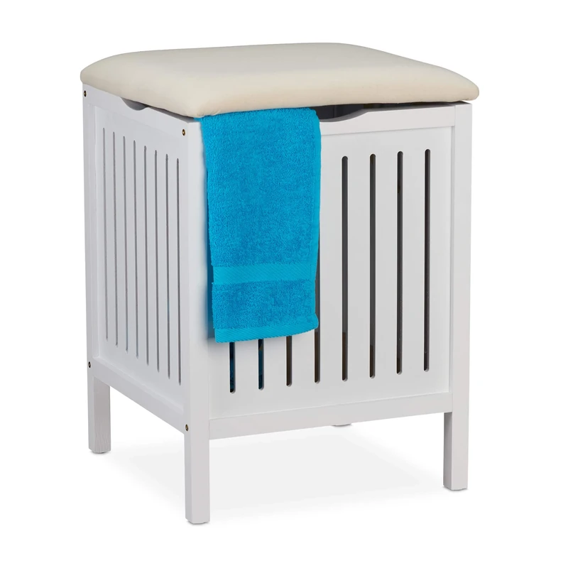 Relaxdays Laundry Basket with Seat, Country Style, Laundry Bin, Wood & Fabric, Bathroom Stool HxWxD: 55x41x41 cm, White