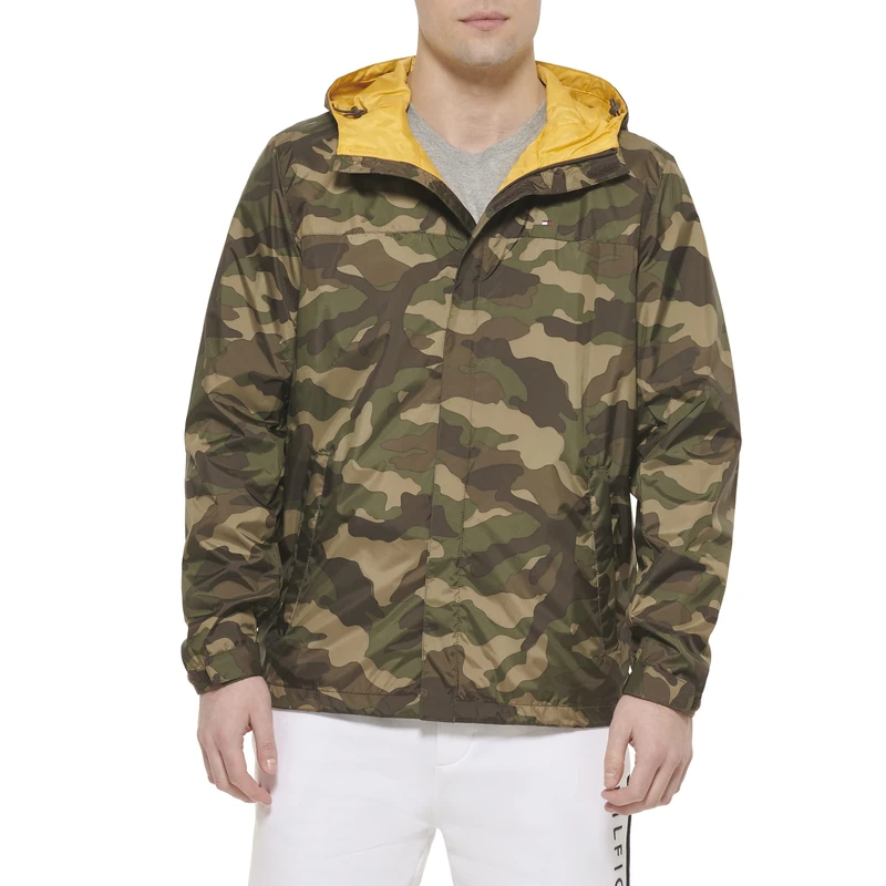 Tommy Hilfiger Men's Lightweight Breathable Waterproof Hooded Rain Jacket Raincoat, Camouflage, XL