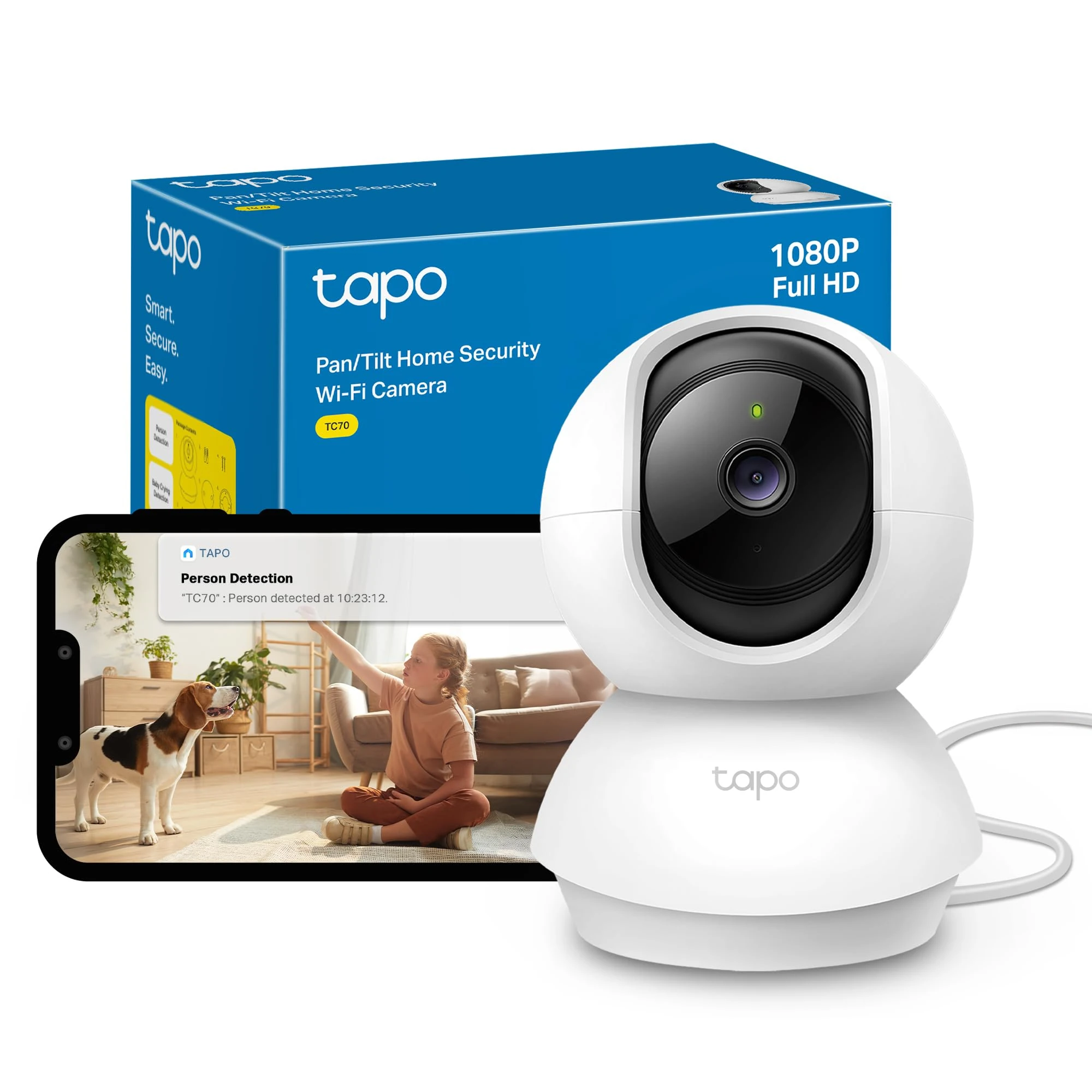 Tapo TC70 Pan/Tilt Indoor Camera House Security Camera, Dog Camera, No Monthly Fee, AI Detection, WiFi Camera, Baby Camera Monitor, 1080p Full HD, 360° View, Night Vision, Works with Alexa & Google