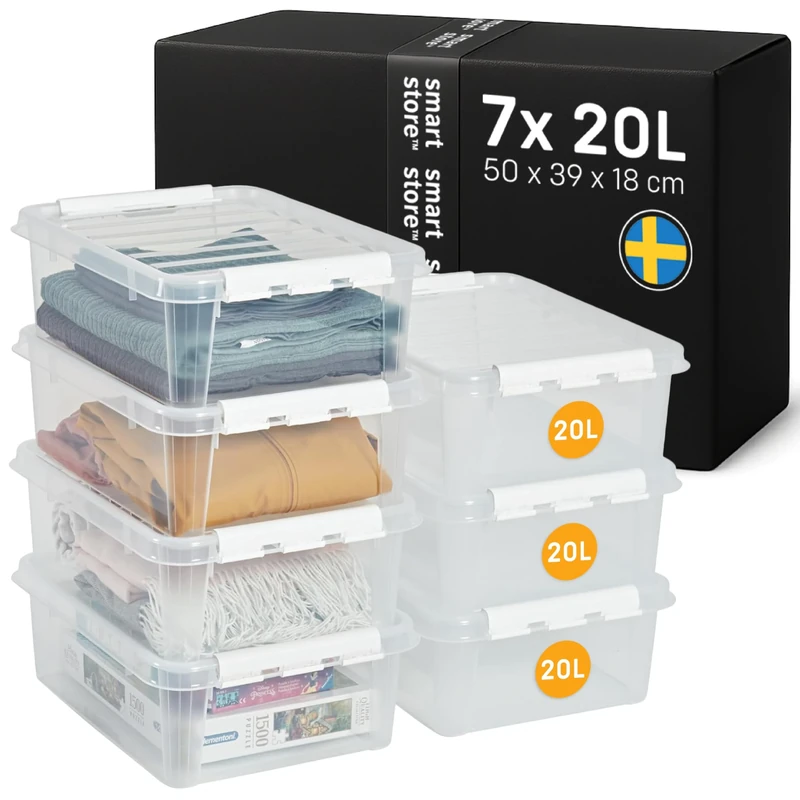 SmartStore - 7x Plastic Storage Box with Lid Classic 20L (50x39x18cm) |Plastic Storage Drawers with Lid|Food-Safe Material|Kitchen & Organisation|Durable Container for Home & Office|10-Year Warranty