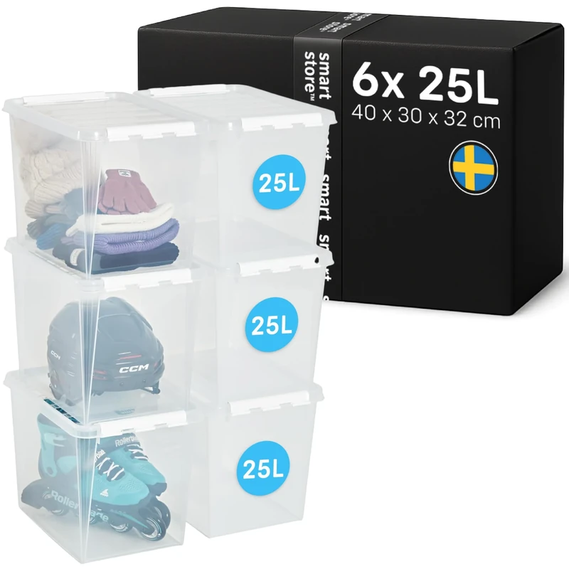 SmartStore - 6x Plastic Storage Box with Lid Classic 25L (40x30x32cm) |Plastic Storage Drawers with Lid|Food-Safe Material|Kitchen & Organisation|Durable Container for Home & Office|10-Year Warranty