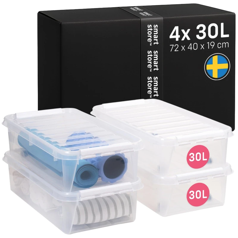 SmartStore - 4x Plastic Storage Box with Lid Classic 30L (72x40x19cm) |Plastic Storage Drawers with Lid|Food-Safe Material|Kitchen & Organisation|Durable Container for Home & Office|10-Year Warranty