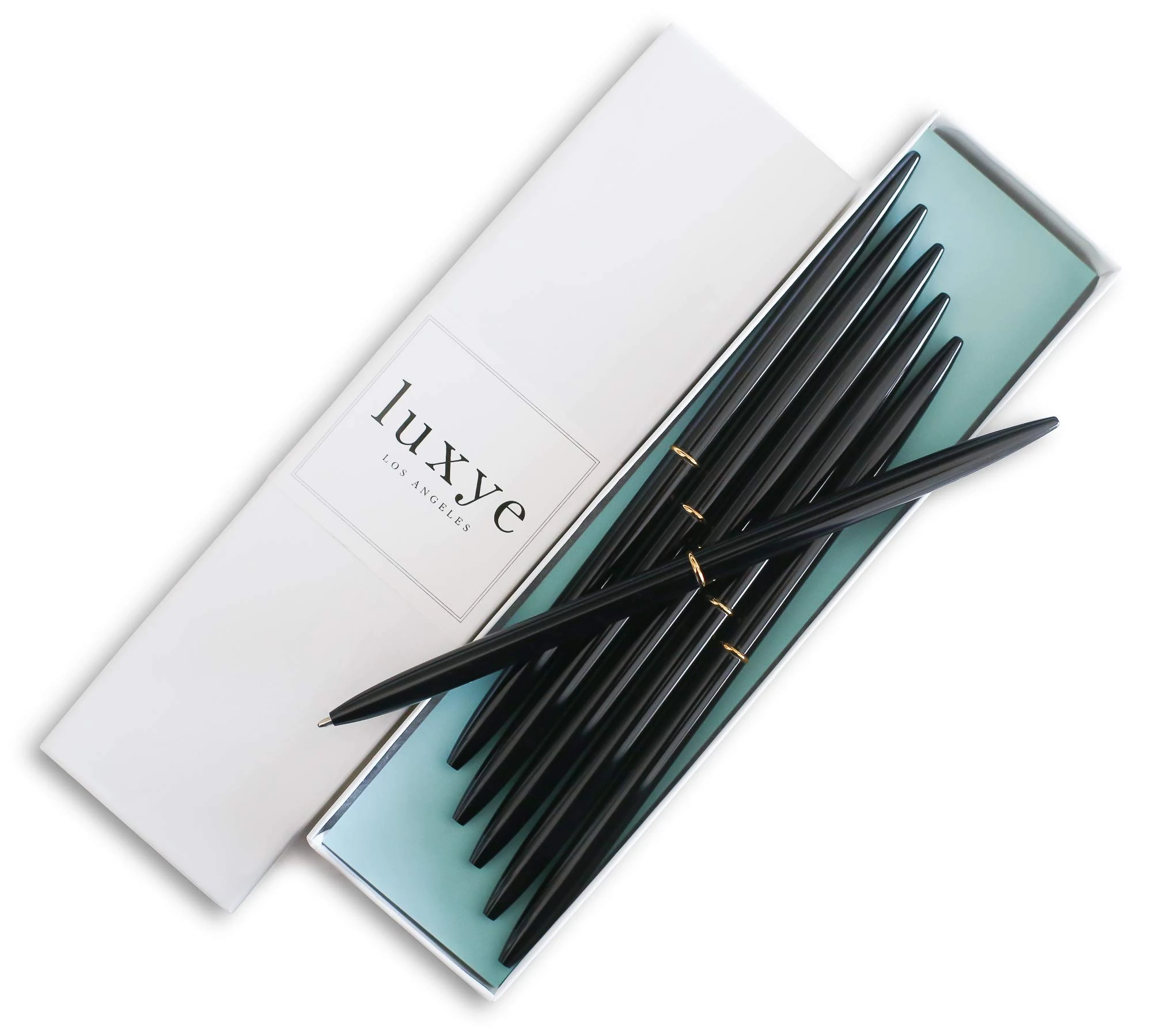 Luxye Black Gold Pens - Luxury Ballpoint Pen Set of 6 in Glossy White Gift Box - Gold Office Supplies for Women Men - Slim Nice Pens for Writing (Black Ink)