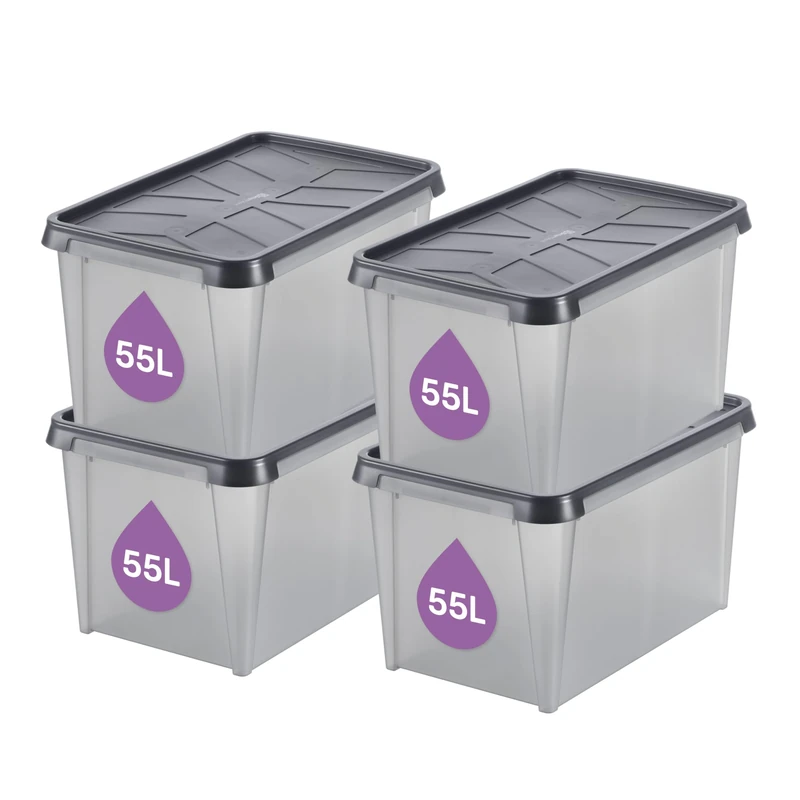 SmartStore 55 L Waterproof Plastic Storage Boxes with Lids-Set of 4-Frosted-Stackable and Nestable-10 Year Guarantee-Food Safe and BPA Free-IP44 rating-L60 x W40 x H35 cm, Anthracite