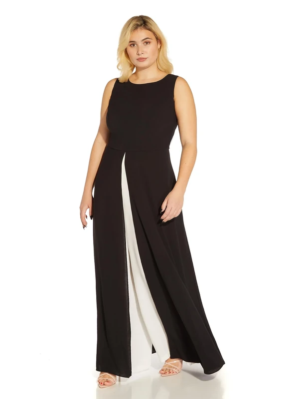 Adrianna Papell Women's Crepe Overlay Jumpsuit, Black/Ivory, 8