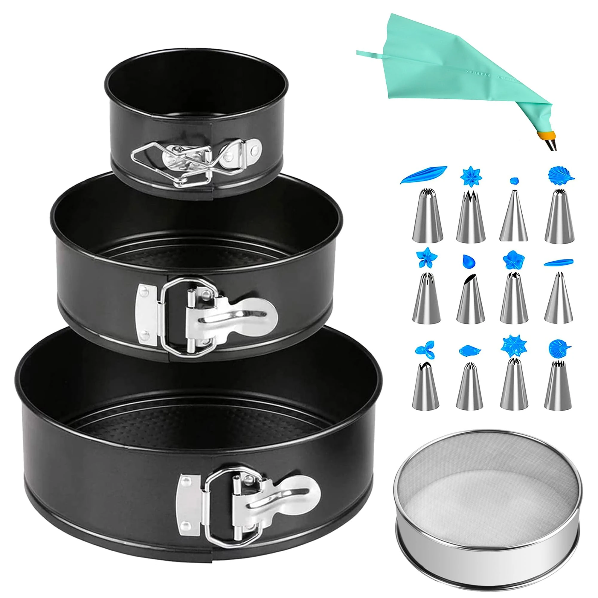 Cake Tin Set 3Pcs with 1*Flour Sieve 1*Decorating Tool,Nonstick Bakeware Set Leakproof Springform Cake Tin Carbon Steel Baking Tray Set Cheesecake Tin Chiffon Cake Pan with Removable Bottom(4"/7"/9")